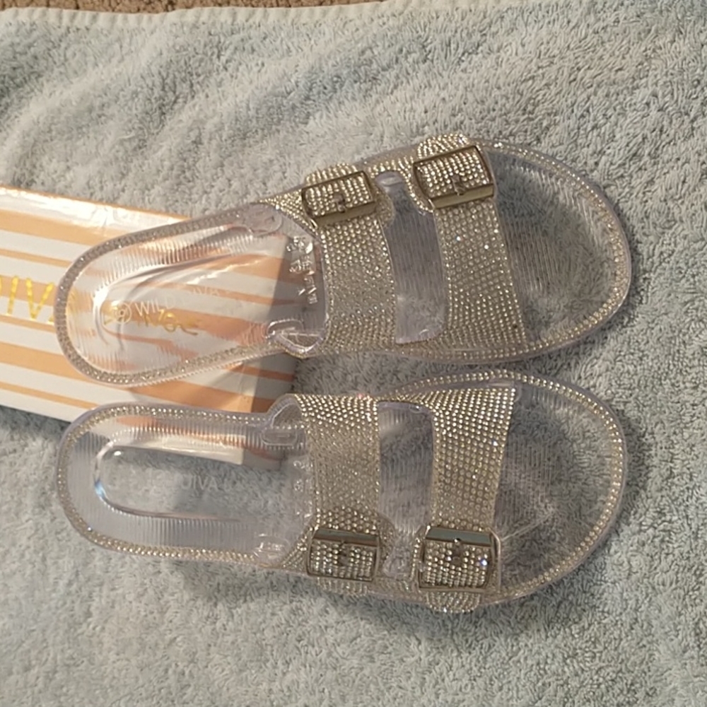 Two strap **CLEAR** slides with rhinestones